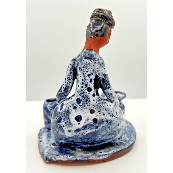Vintage Clay‎ Art Pottery Figure Sitting w/Pots Primitive Blue Speckled Glazed - Picture 4 of 16
